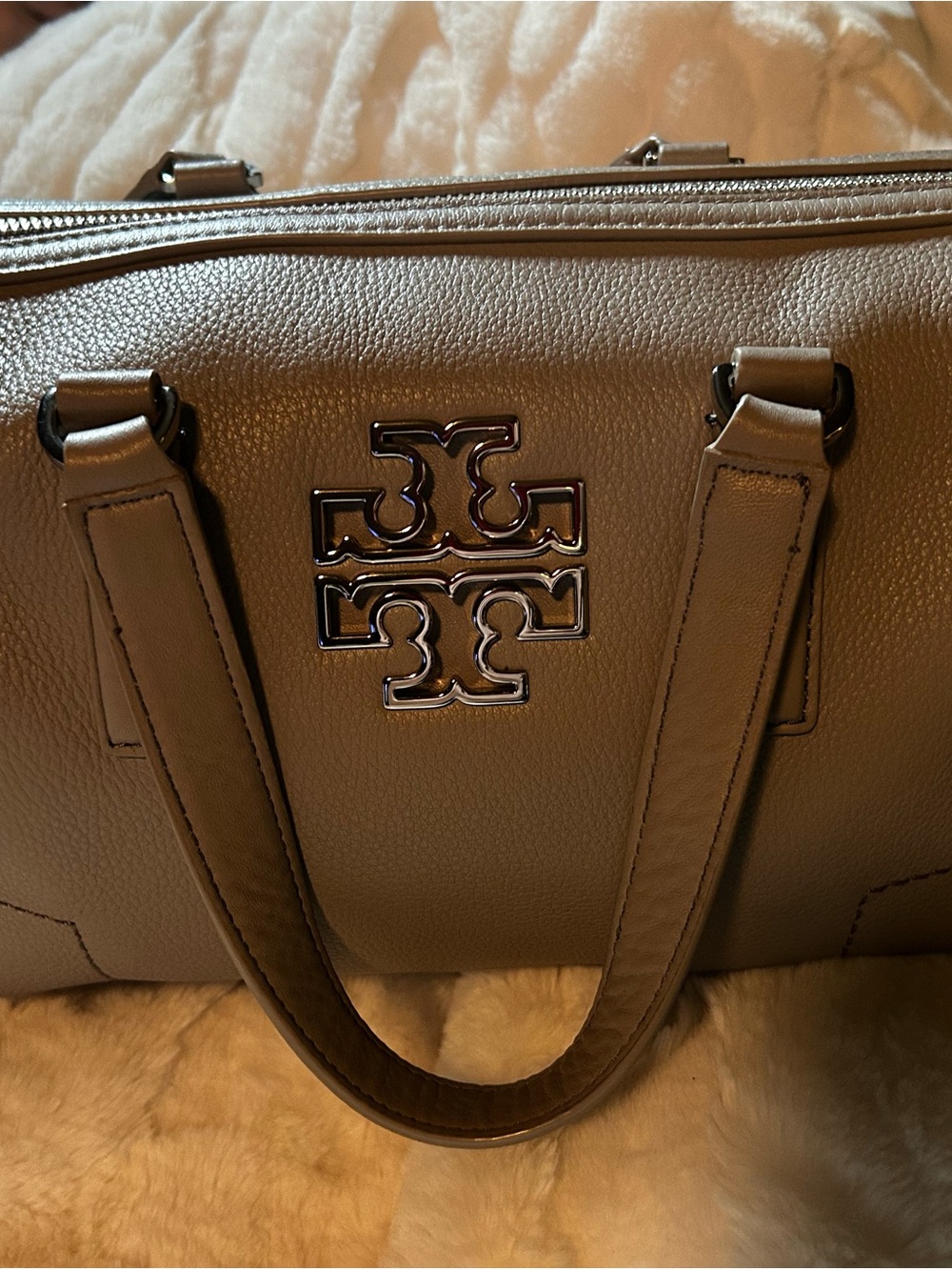 Tory Burch Neutral Taupe Leather Satchel with Logo Accent
